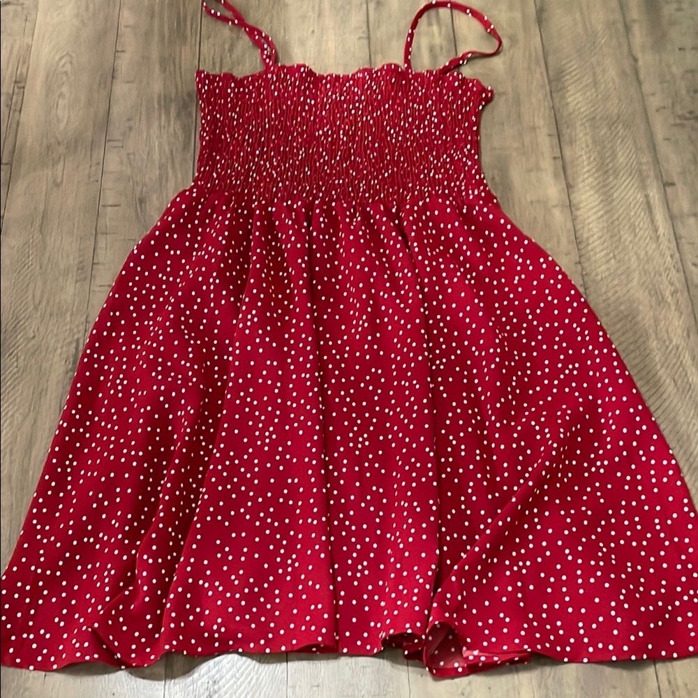 SHEIN Red and White Polka Dot Smocked Dress